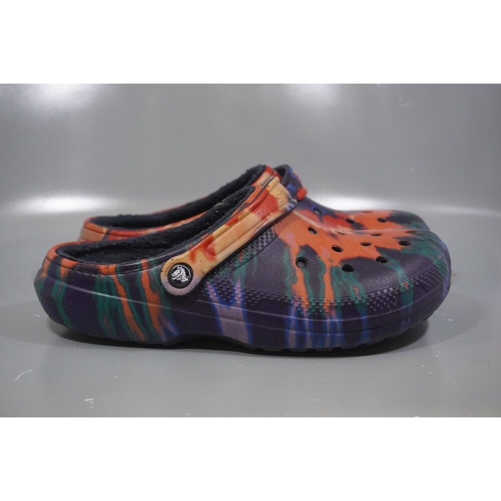 Crocs Classic Dark Tie Dye Rainbow Clogs Faux Fur Lined Men 9 Women 11